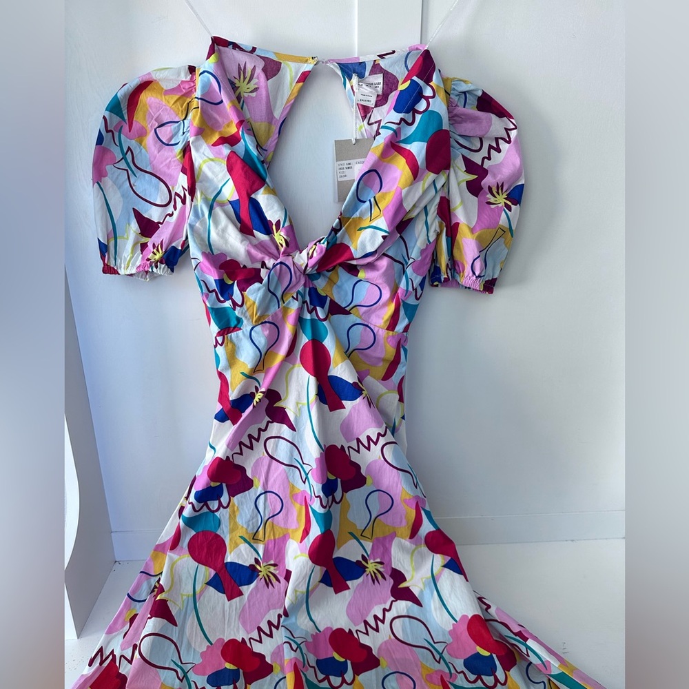 NWT Free People x Glamorous Rainbow V Neck Puff Shoulder Midi Dress - Size 8
